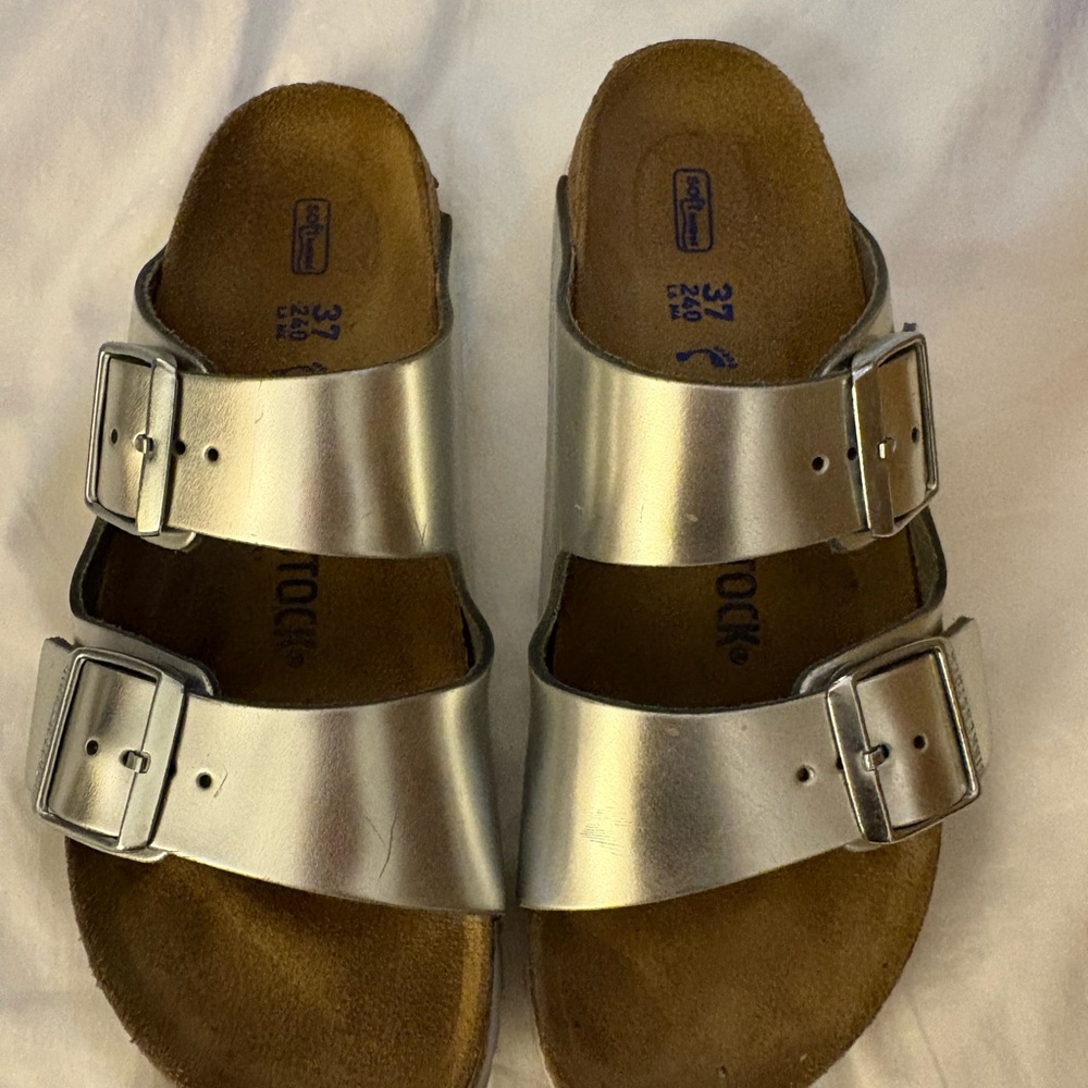 Birkenstock Metallic Silver Arizona Two-Strap Sandals